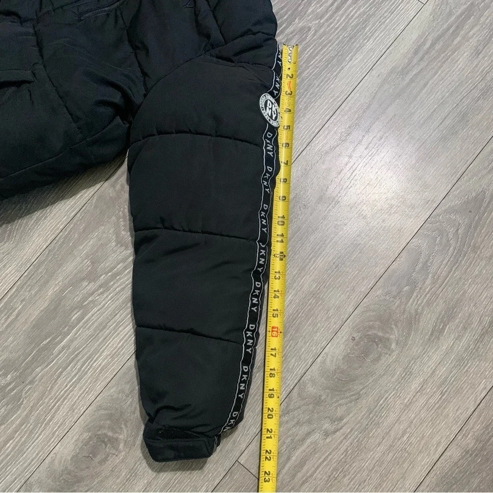 DKNY Boys Black Puffer Jacket L 14/16 Sherpa Lined Hood Logo Tape Winter Coat